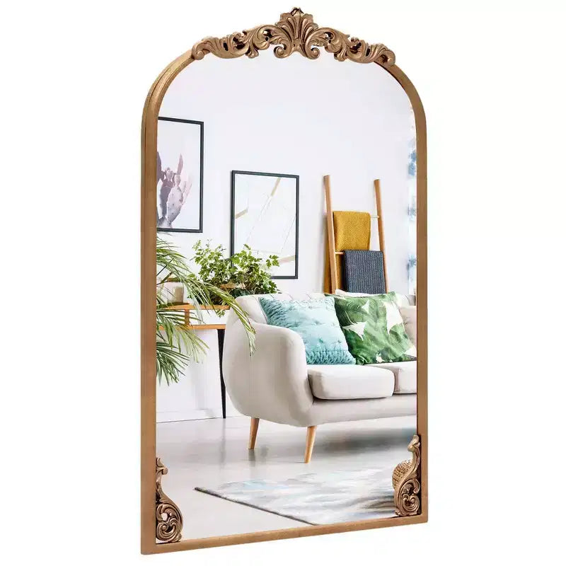 Gold Ornate Baroque Arched Wall Mirror with Metal Frame
