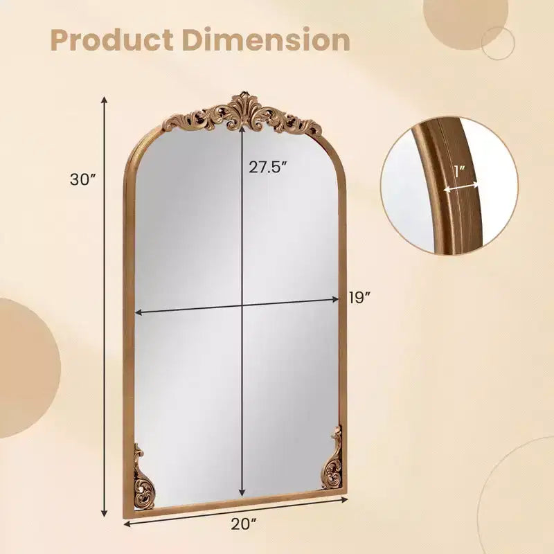 Gold Ornate Baroque Arched Wall Mirror with Metal Frame