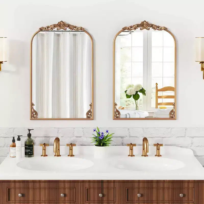 Gold Ornate Baroque Arched Wall Mirror with Metal Frame