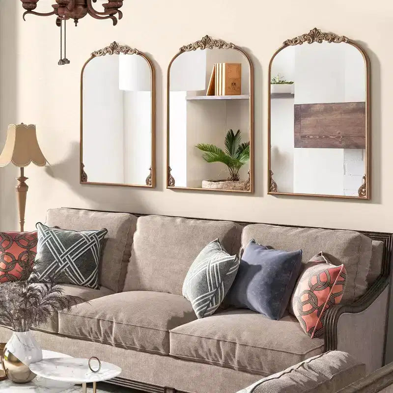 Gold Ornate Baroque Arched Wall Mirror with Metal Frame