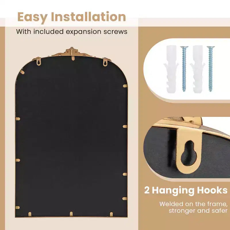 Gold Ornate Baroque Arched Wall Mirror with Metal Frame