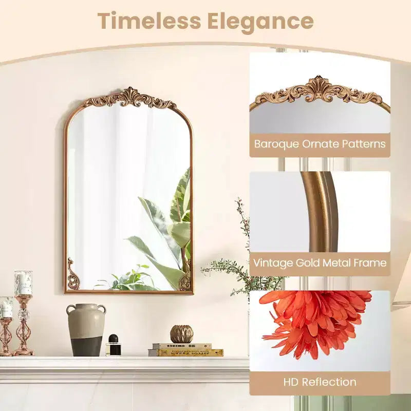 Gold Ornate Baroque Arched Wall Mirror with Metal Frame