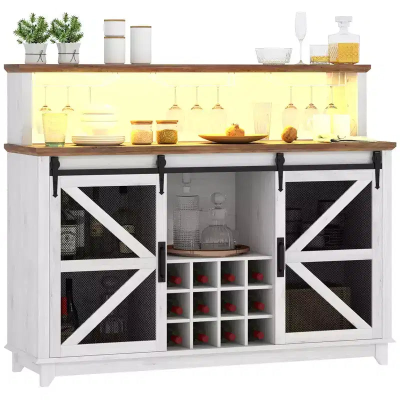 55" Farmhouse Coffee Bar Cabinet with LED Lights, Sliding Barn Doors and Wine Rack