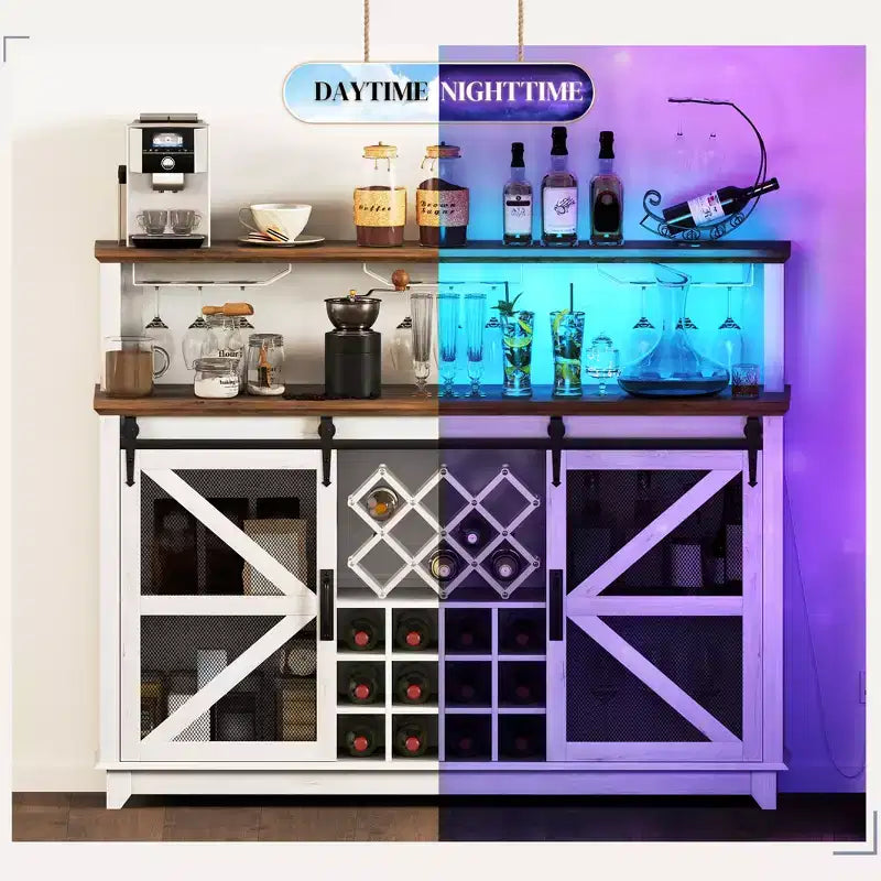 55" Farmhouse Coffee Bar Cabinet with LED Lights, Sliding Barn Doors and Wine Rack