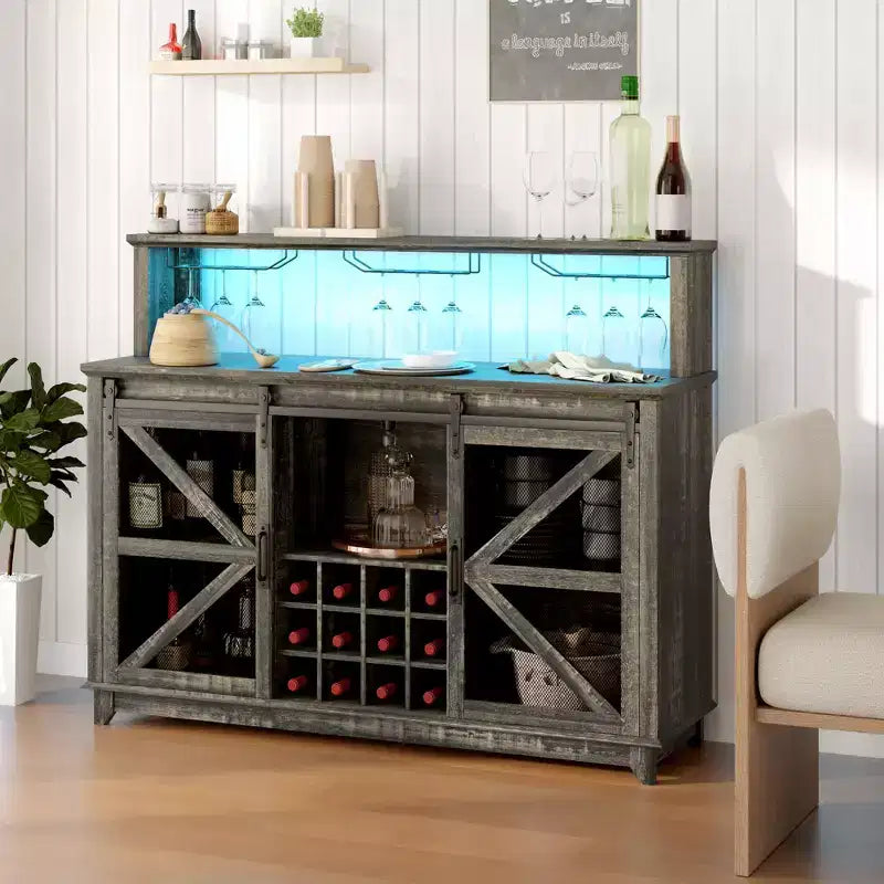 55" Farmhouse Coffee Bar Cabinet with LED Lights, Sliding Barn Doors and Wine Rack