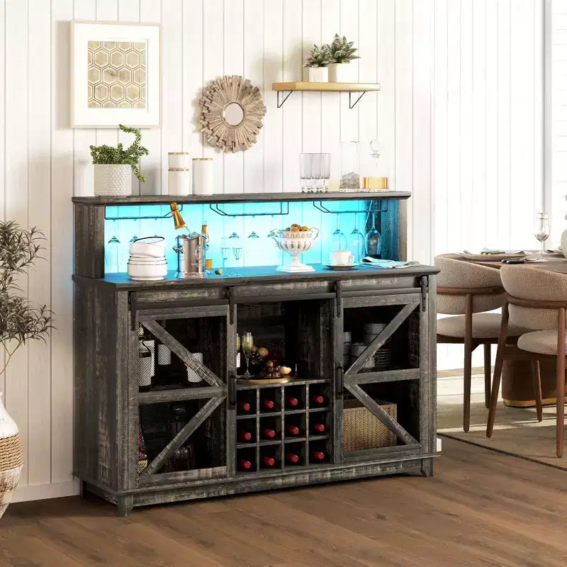 55" Farmhouse Coffee Bar Cabinet with LED Lights, Sliding Barn Doors and Wine Rack