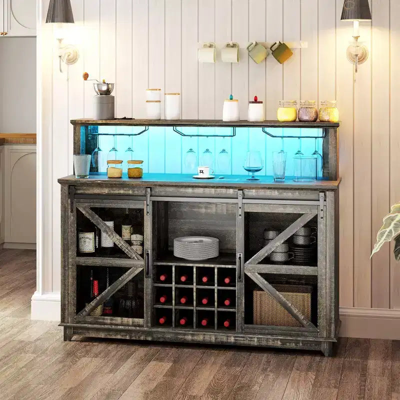 55" Farmhouse Coffee Bar Cabinet with LED Lights, Sliding Barn Doors and Wine Rack