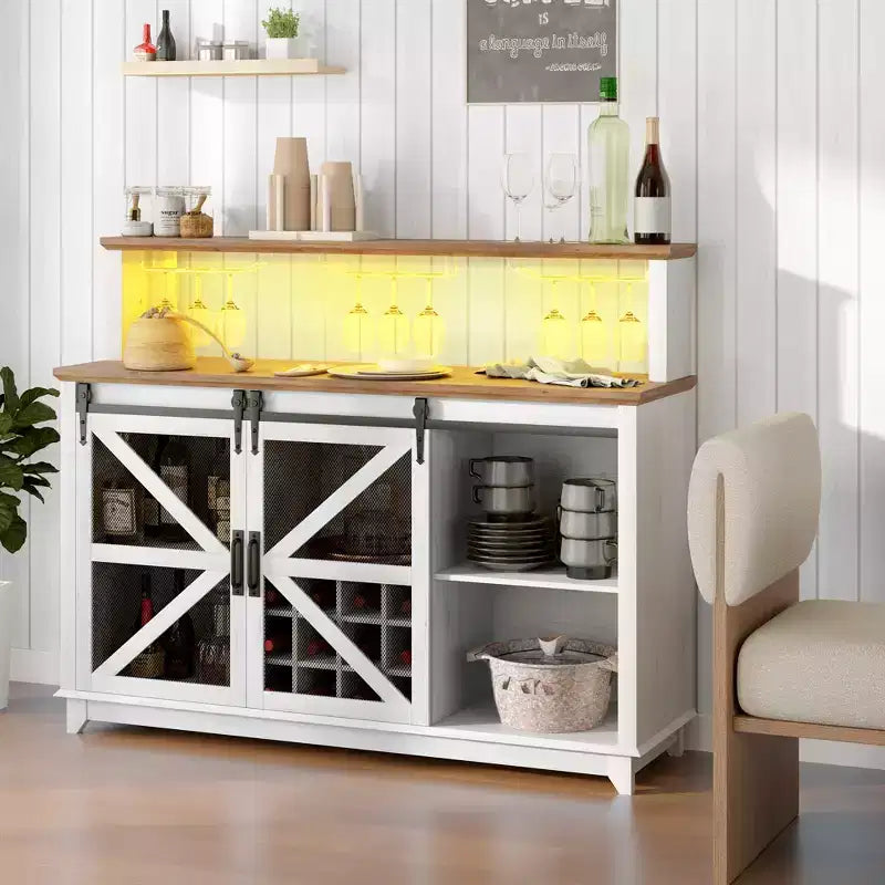 55" Farmhouse Coffee Bar Cabinet with LED Lights, Sliding Barn Doors and Wine Rack