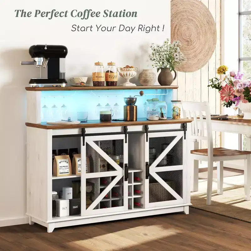 55" Farmhouse Coffee Bar Cabinet with LED Lights, Sliding Barn Doors and Wine Rack