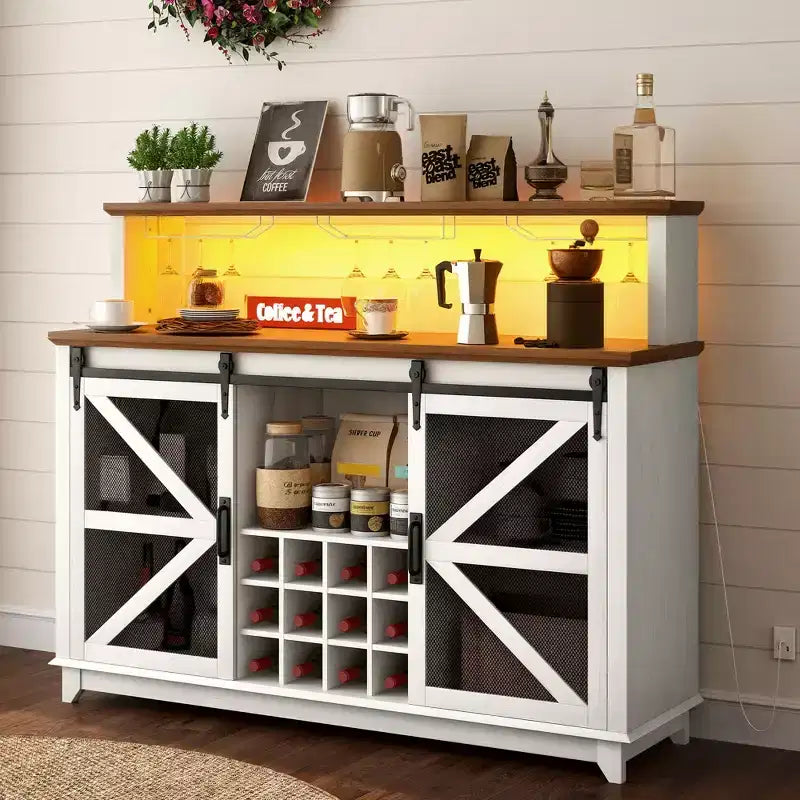 55" Farmhouse Coffee Bar Cabinet with LED Lights, Sliding Barn Doors and Wine Rack