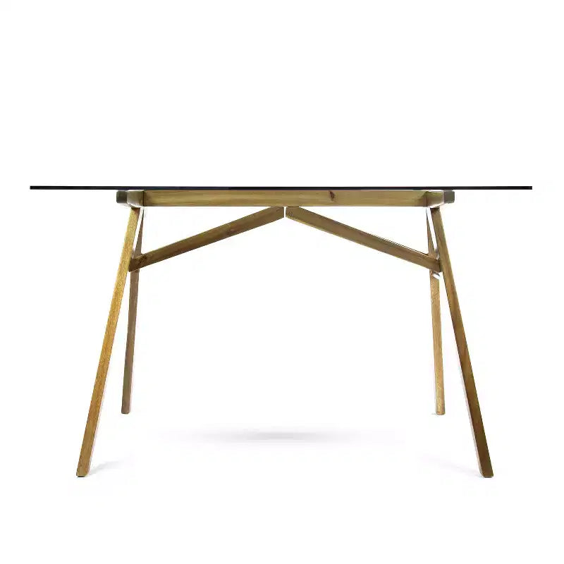 Mid-Century Modern Glass Top Acacia Wood Desk, Natural/Green