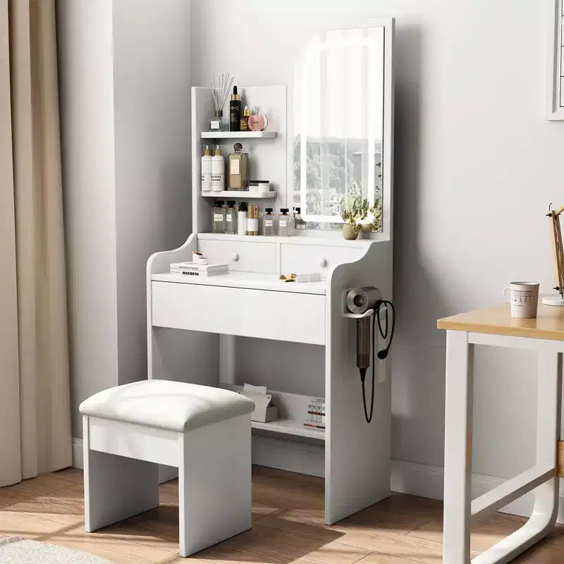 White Makeup Vanity Desk with 3-Mode Lighted Mirror, Drawers and Open Shelves