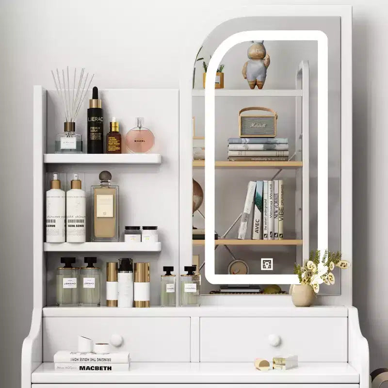 White Makeup Vanity Desk with 3-Mode Lighted Mirror, Drawers and Open Shelves