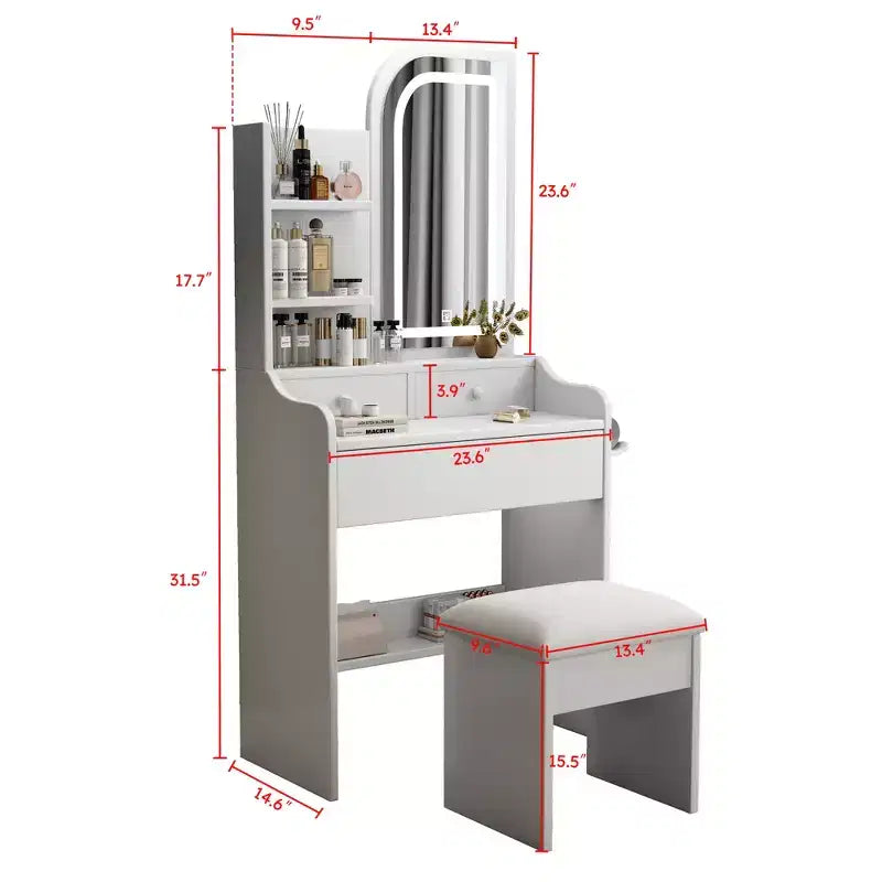 White Makeup Vanity Desk with 3-Mode Lighted Mirror, Drawers and Open Shelves