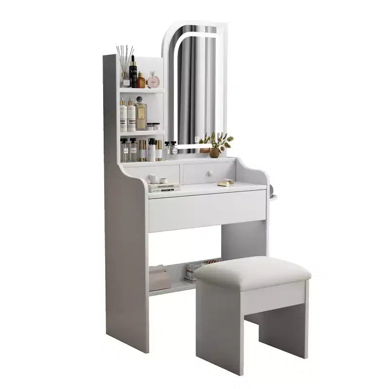 White Makeup Vanity Desk with 3-Mode Lighted Mirror, Drawers and Open Shelves