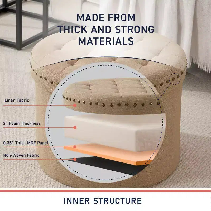 20" Round Collapsible Storage Ottoman with Nailhead Trim