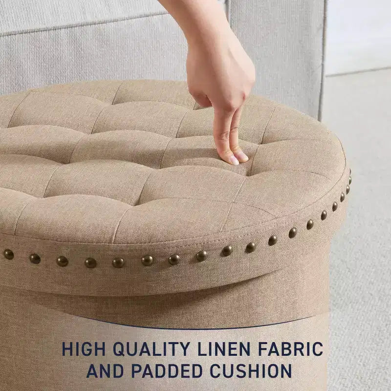 20" Round Collapsible Storage Ottoman with Nailhead Trim