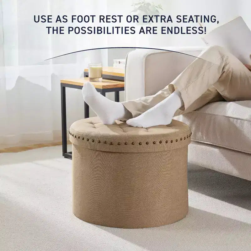 20" Round Collapsible Storage Ottoman with Nailhead Trim