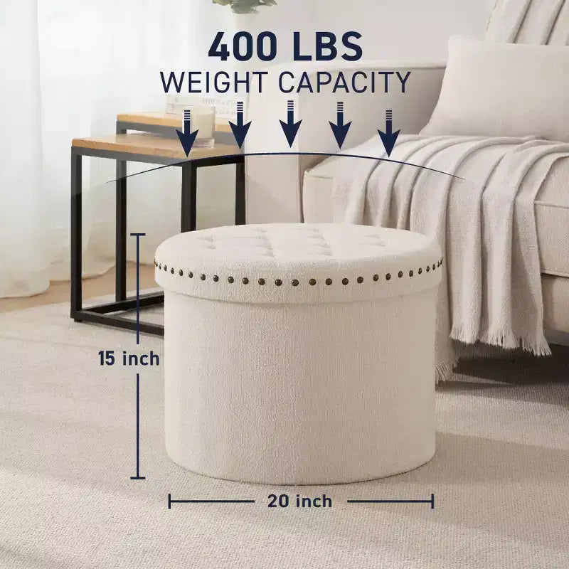 20" Round Collapsible Storage Ottoman with Nailhead Trim