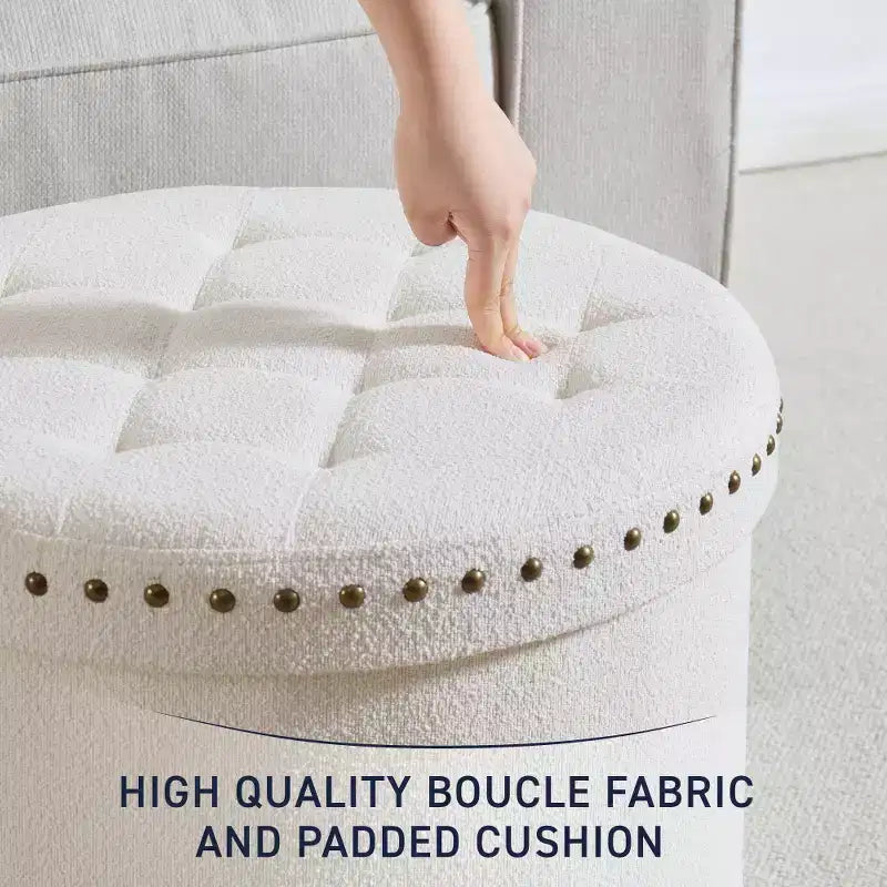 20" Round Collapsible Storage Ottoman with Nailhead Trim
