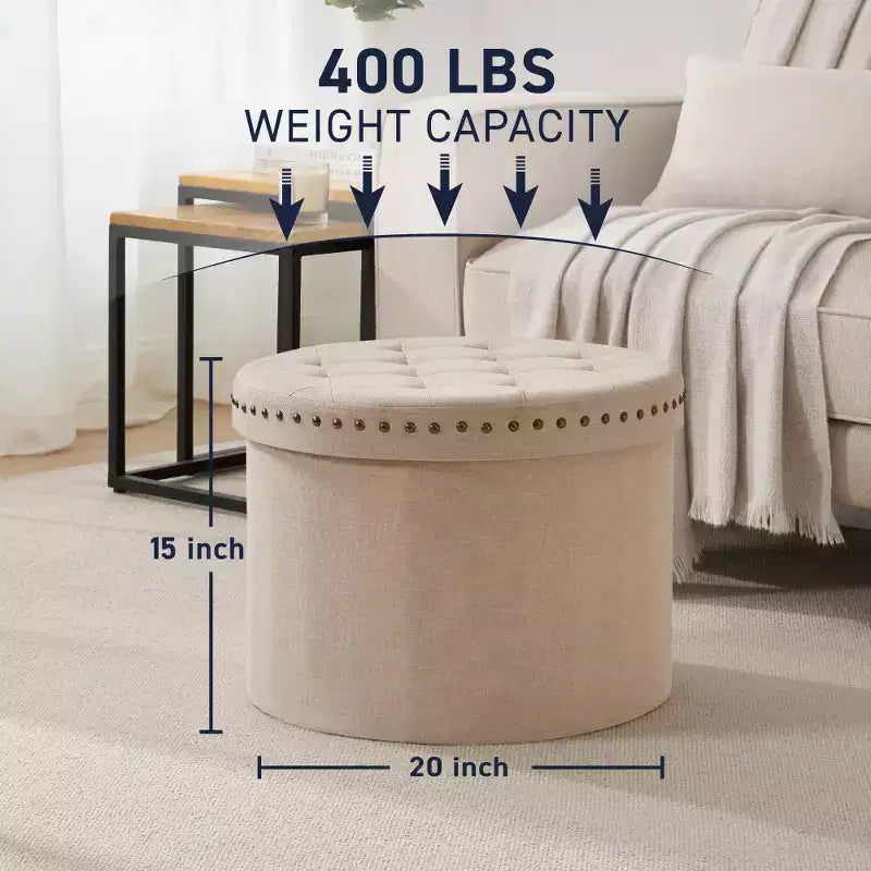 20" Round Collapsible Storage Ottoman with Nailhead Trim