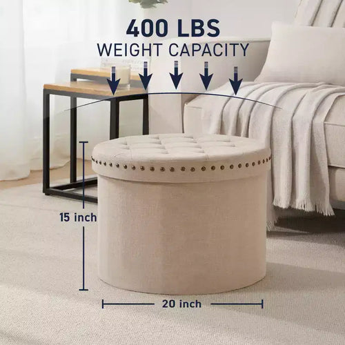 20" Round Collapsible Storage Ottoman with Nailhead Trim
