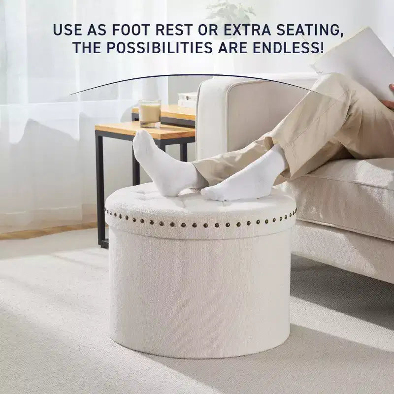 20" Round Collapsible Storage Ottoman with Nailhead Trim