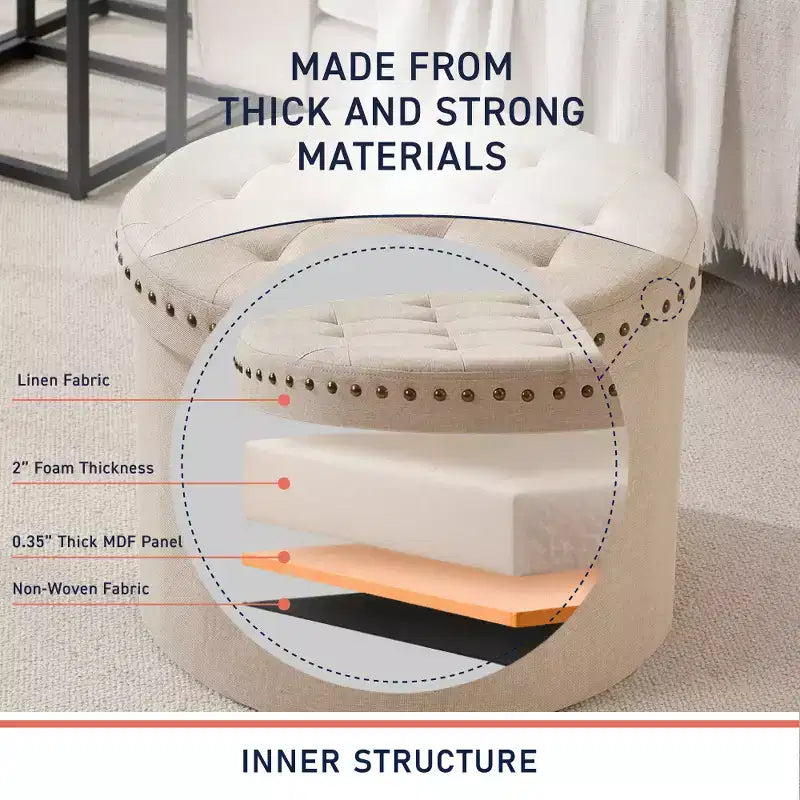 20" Round Collapsible Storage Ottoman with Nailhead Trim