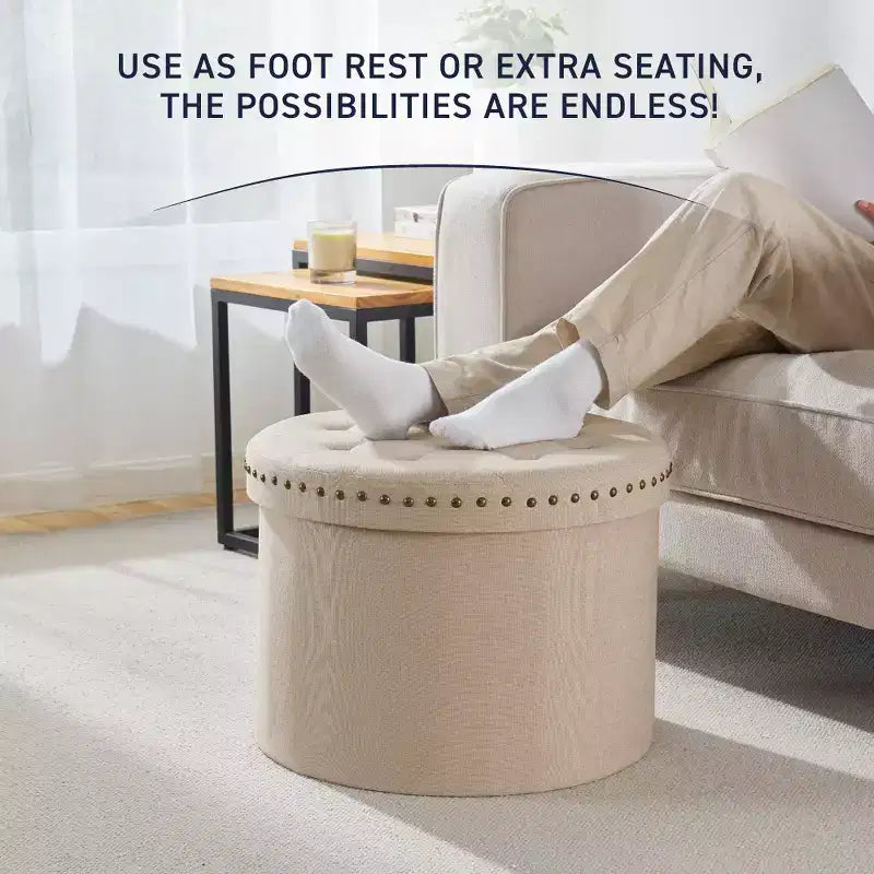 20" Round Collapsible Storage Ottoman with Nailhead Trim