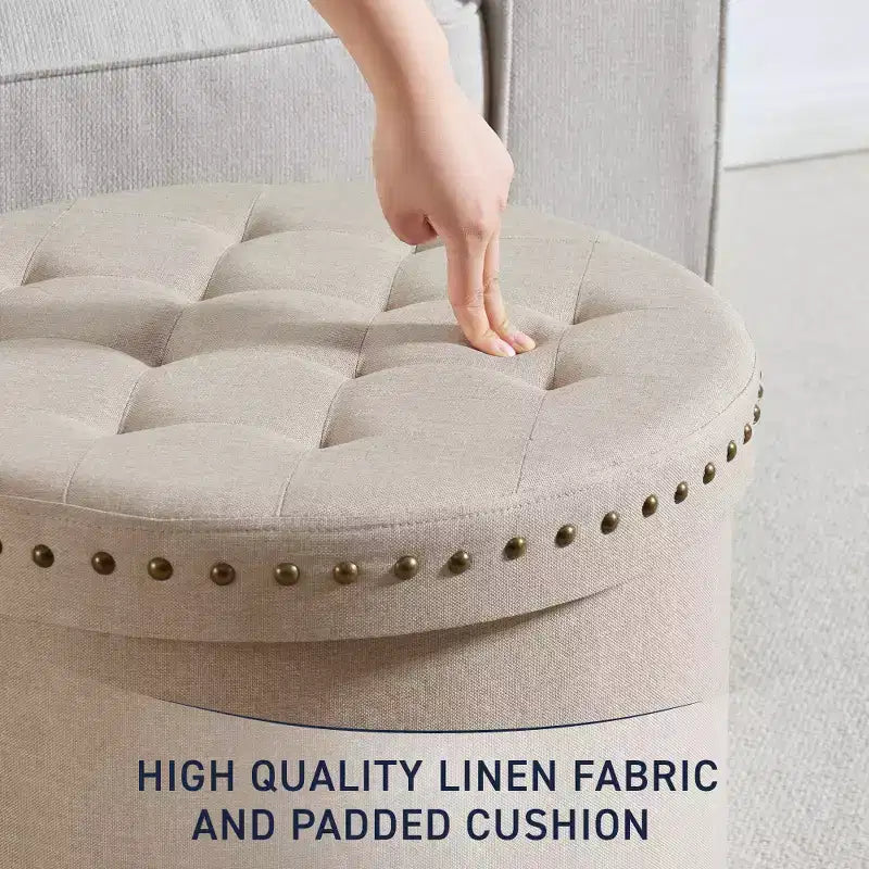 20" Round Collapsible Storage Ottoman with Nailhead Trim