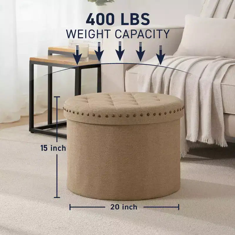 20" Round Collapsible Storage Ottoman with Nailhead Trim