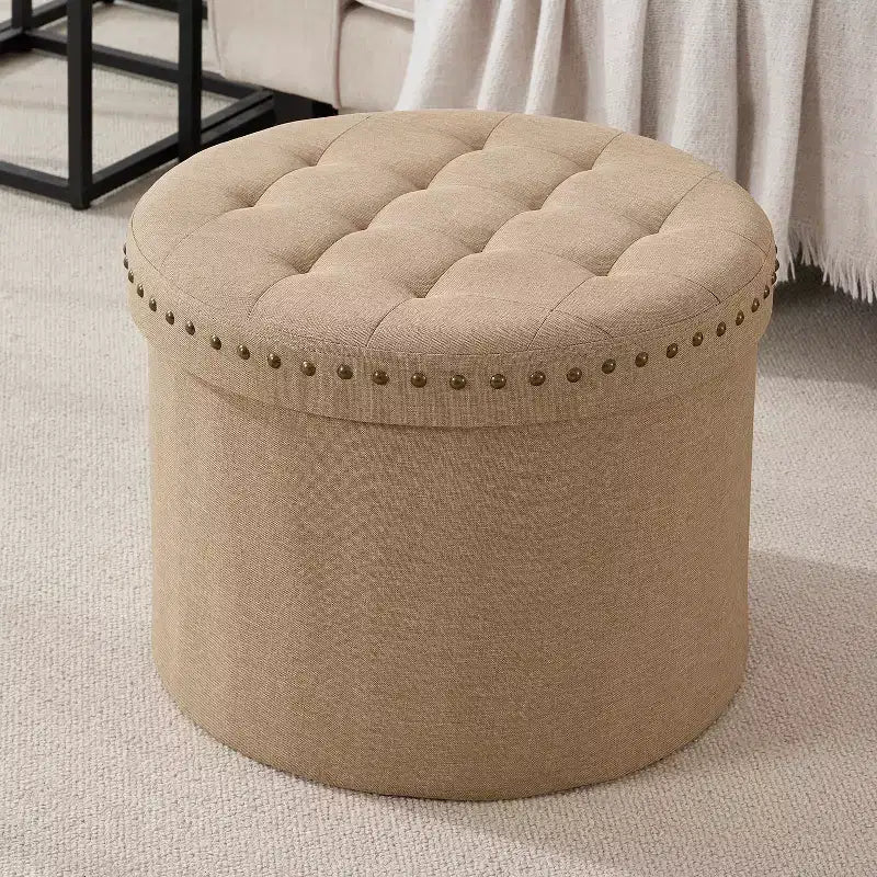 20" Round Collapsible Storage Ottoman with Nailhead Trim