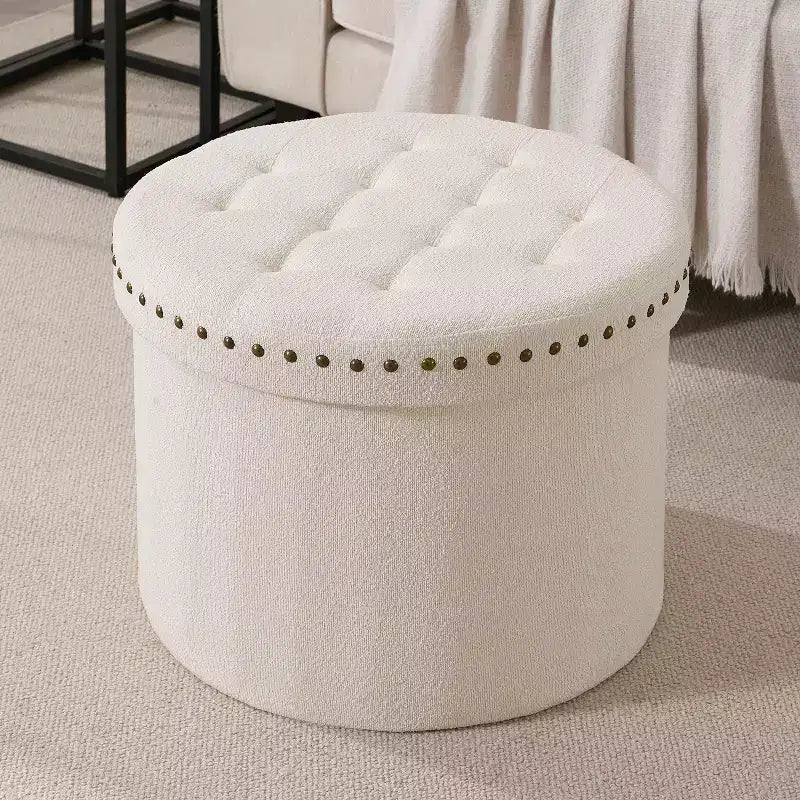 20" Round Collapsible Storage Ottoman with Nailhead Trim