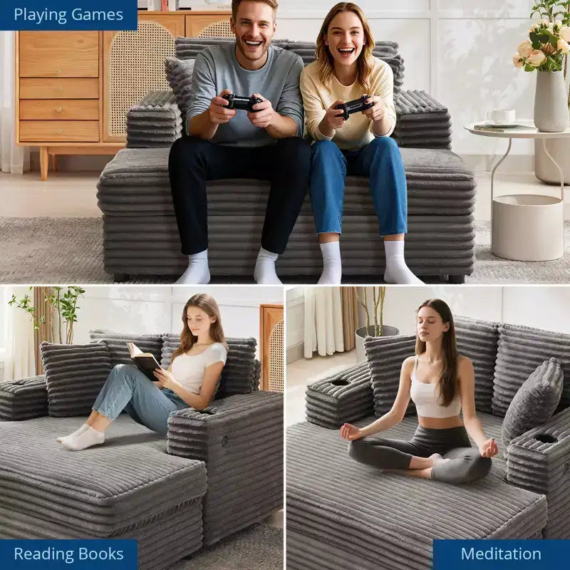 54" Oversized Corduroy Chaise Lounge with Charging Station and Cup Holders