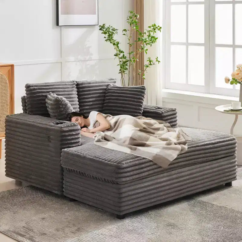 54" Oversized Corduroy Chaise Lounge with Charging Station and Cup Holders