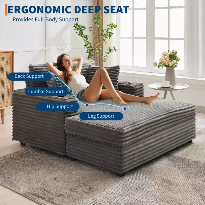 54" Oversized Corduroy Chaise Lounge with Charging Station and Cup Holders