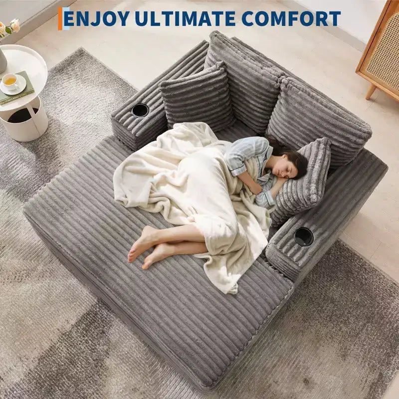 54" Oversized Corduroy Chaise Lounge with Charging Station and Cup Holders