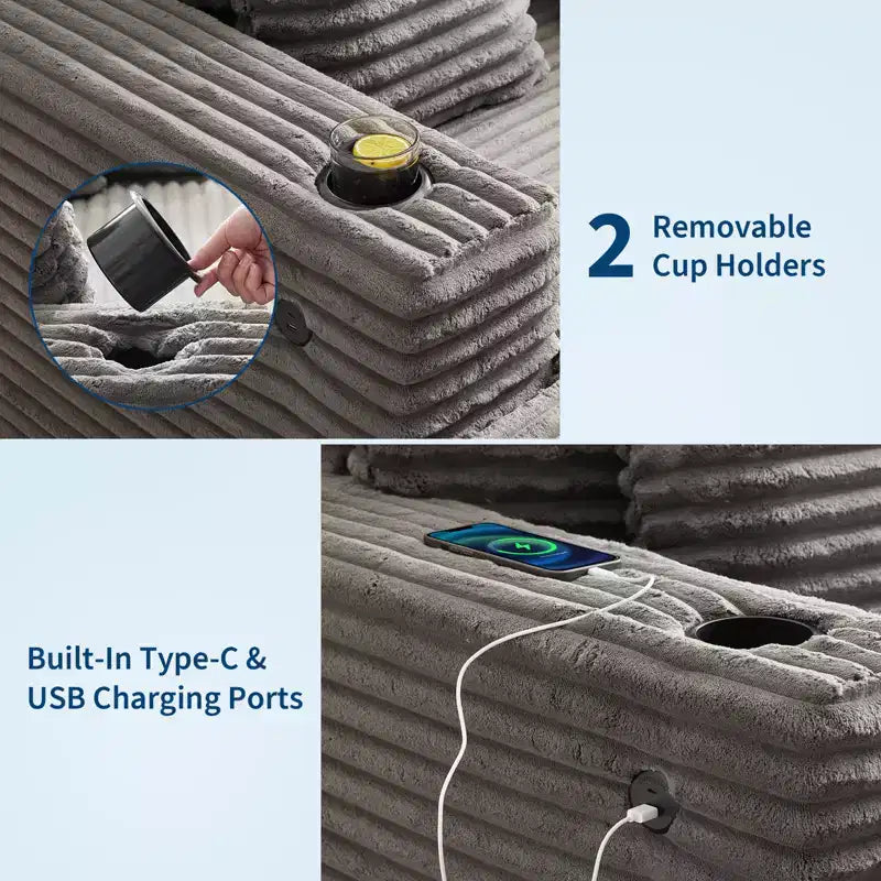 54" Oversized Corduroy Chaise Lounge with Charging Station and Cup Holders
