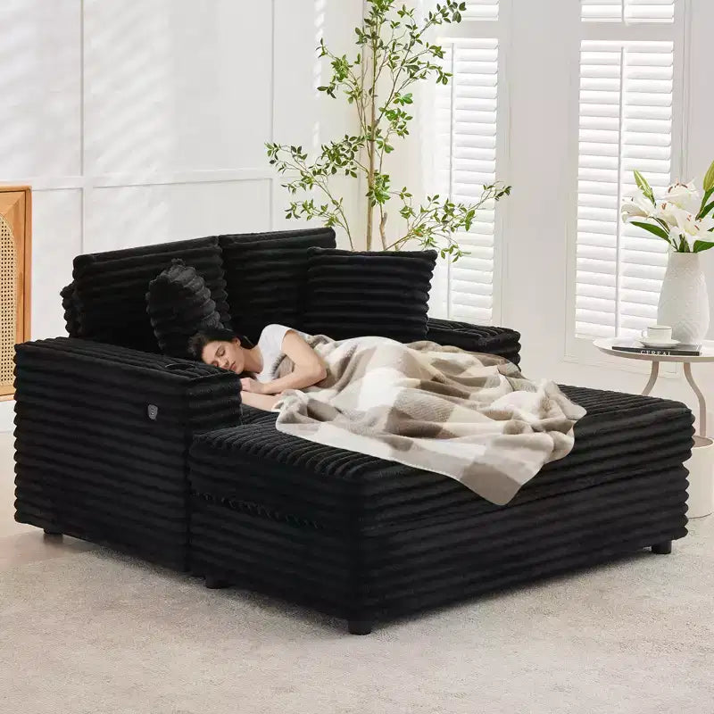 54" Oversized Corduroy Chaise Lounge with Charging Station and Cup Holders