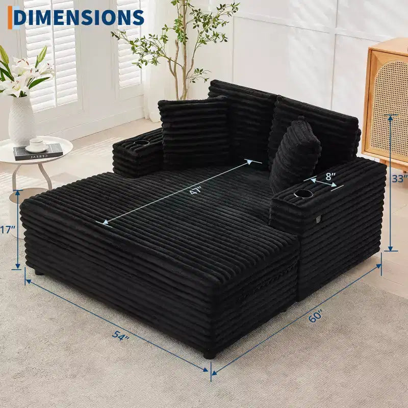 54" Oversized Corduroy Chaise Lounge with Charging Station and Cup Holders