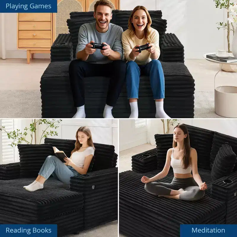 54" Oversized Corduroy Chaise Lounge with Charging Station and Cup Holders