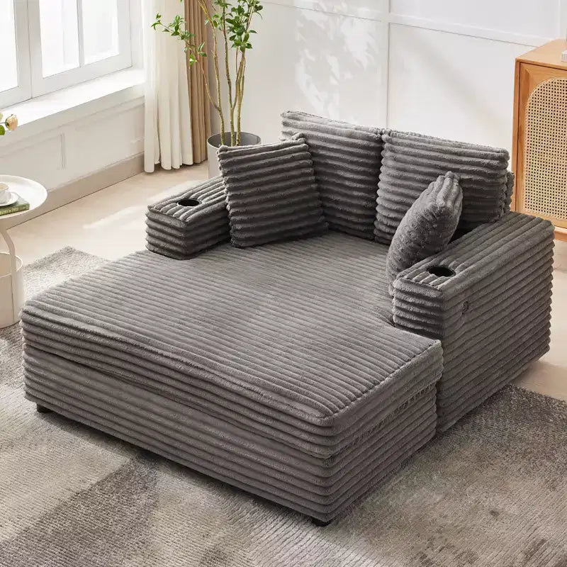 54" Oversized Corduroy Chaise Lounge with Charging Station and Cup Holders