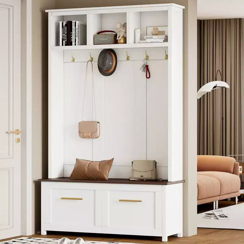 4-in-1 Entryway Hall Tree with 6 Hooks, Bench, Shoe Storage and 2 Drawers