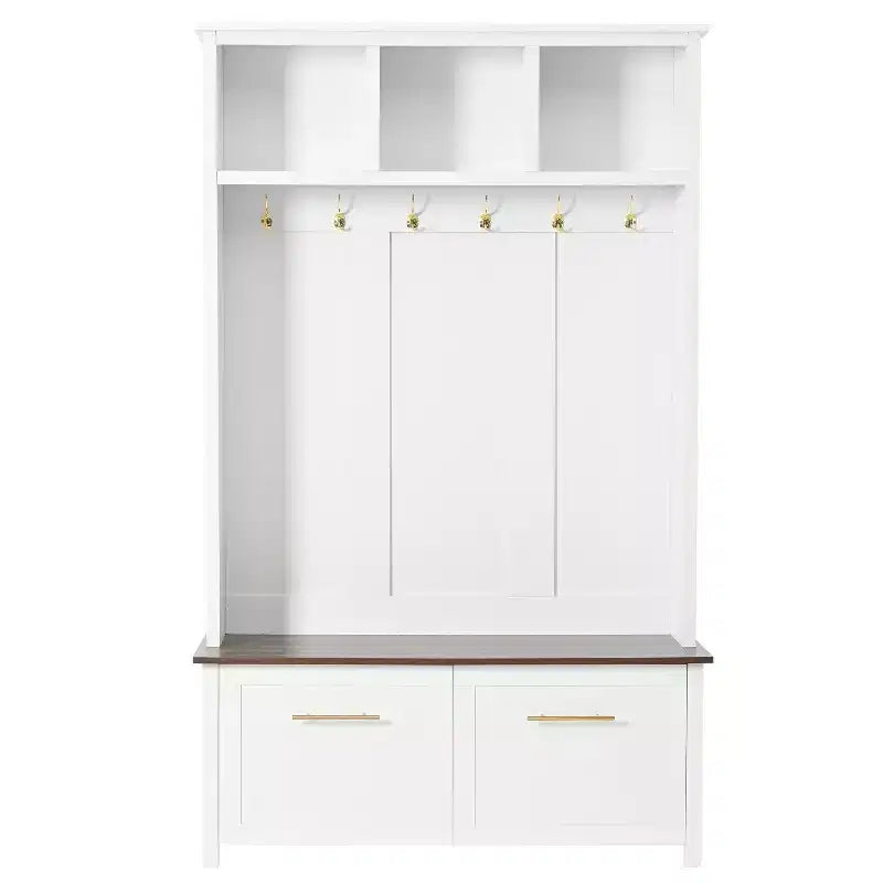 4-in-1 Entryway Hall Tree with 6 Hooks, Bench, Shoe Storage and 2 Drawers