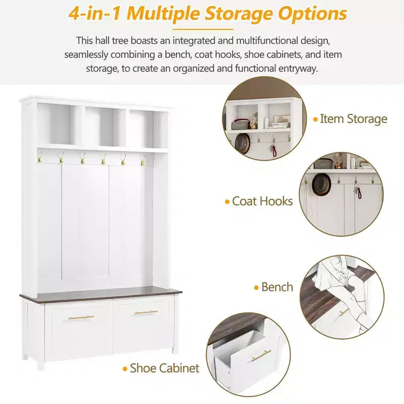 4-in-1 Entryway Hall Tree with 6 Hooks, Bench, Shoe Storage and 2 Drawers