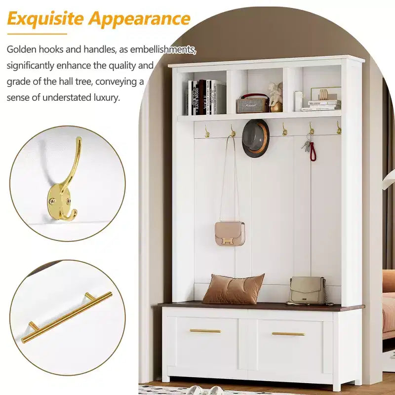 4-in-1 Entryway Hall Tree with 6 Hooks, Bench, Shoe Storage and 2 Drawers