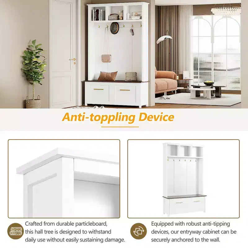 4-in-1 Entryway Hall Tree with 6 Hooks, Bench, Shoe Storage and 2 Drawers