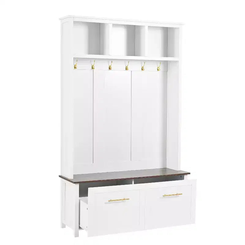 4-in-1 Entryway Hall Tree with 6 Hooks, Bench, Shoe Storage and 2 Drawers