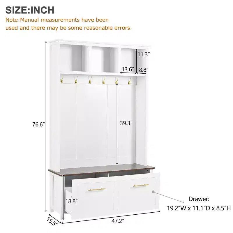 4-in-1 Entryway Hall Tree with 6 Hooks, Bench, Shoe Storage and 2 Drawers