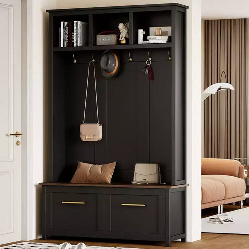 4-in-1 Entryway Hall Tree with 6 Hooks, Bench, Shoe Storage and 2 Drawers